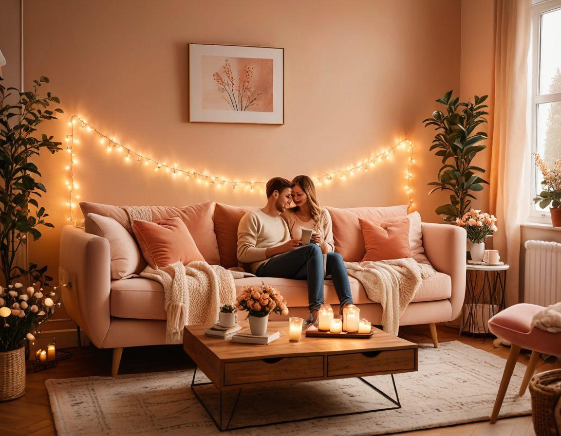 A cozy, warmly lit living room with a couple sitting on a plush couch, sharing a heartfelt conversation while holding hands. Soft fairy lights frame the scene, and a vase of fresh flowers brightens the coffee table. A gentle, loving atmosphere emanates from their smiles and body language. painting. warm colors.