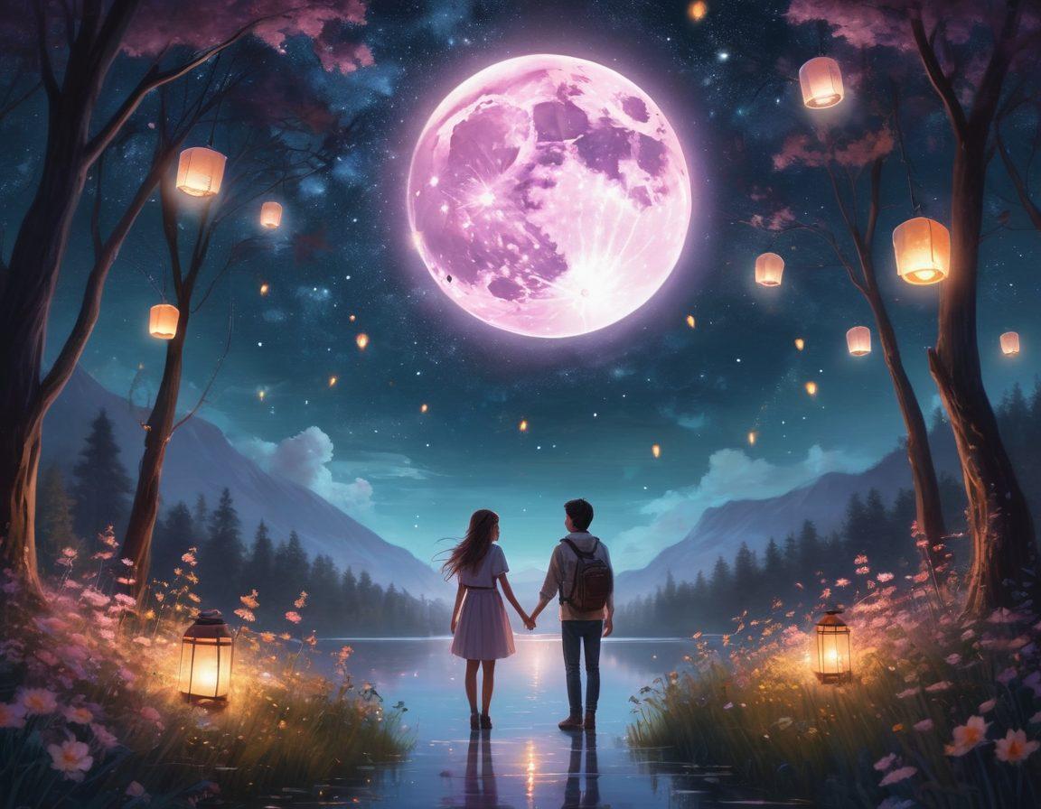 A warm, intimate scene of two friends embracing under a starry night sky, silhouetted by a glowing full moon. Surround the pair with ethereal, magical elements like floating lanterns, fireflies, and soft, swirling lights. The background should include a serene, twilight forest with delicate, blooming flowers. Use soft, pastel colors to evoke a serene and emotional atmosphere. Fantasy art. dreamy aesthetics. vibrant yet calming colors.