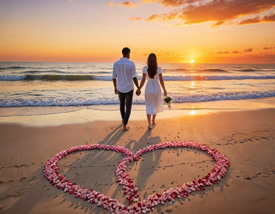 A couple holding hands, standing on a serene beach at sunset, symbolizing the journey of love from courtship to marriage. Include a heart-shaped path made of rose petals leading to them, with soft waves gently rolling in the background. The atmosphere should radiate warmth, trust, and loyalty with soft, golden hues lighting the scene. super-realistic. vibrant colors. sun-kissed glow.
